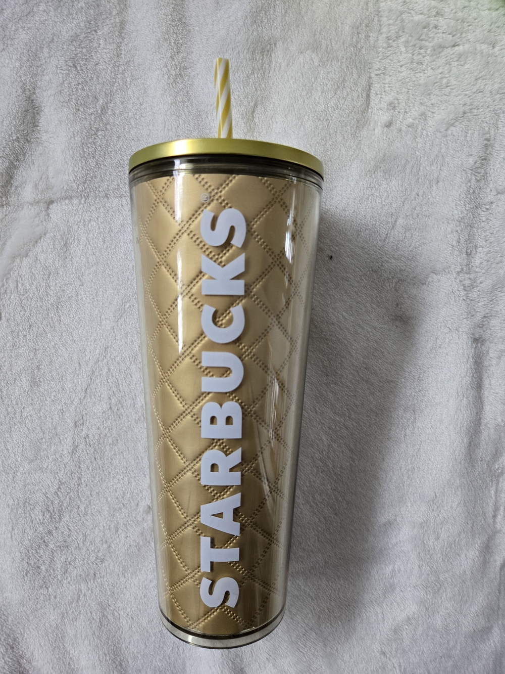 Starbucks Gold Quilted Tumbler with White Logo and Gold-Striped Straw NWOT